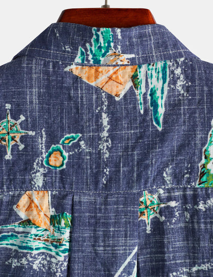 Men's Cotton Navy Blue Hawaiian Islands Cruise Beach Button Up Pocket Summer Short Sleeve Aloha Shirt