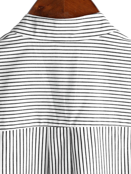 Men's Cotton Striped Stand Collar Short Sleeve Shirt