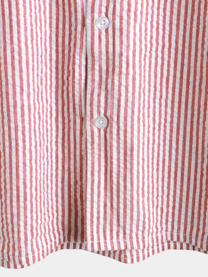 Men's Breathable Striped Cotton Button Up Summer Cuban Collar Camp Short Sleeve Beach Shirt