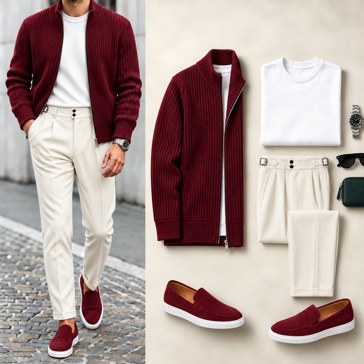 Men's Ribbed Full-Zip Stand Collar Jacket and Pleated Trousers Set