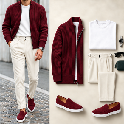 Men's Ribbed Full-Zip Stand Collar Jacket and Pleated Trousers Set