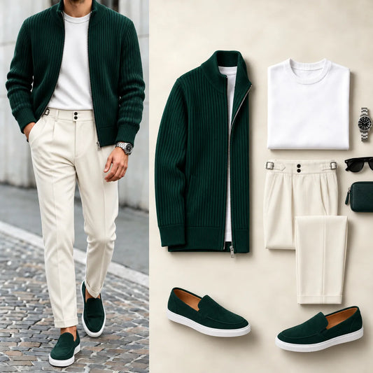 Men's Ribbed Full-Zip Stand Collar Jacket and Pleated Trousers Set