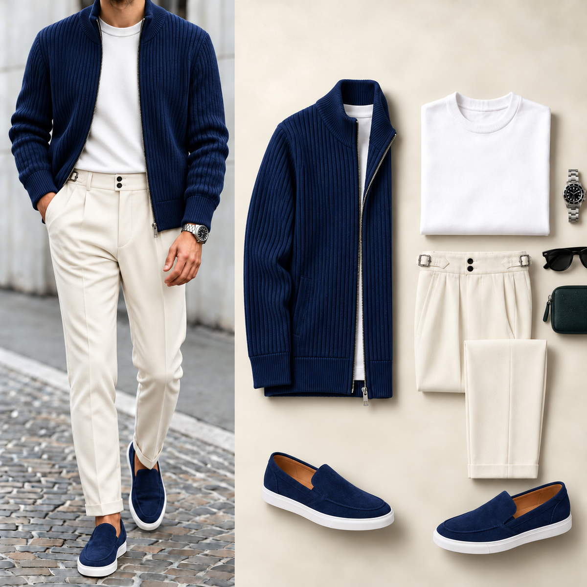 Men's Ribbed Full-Zip Stand Collar Jacket and Pleated Trousers Set