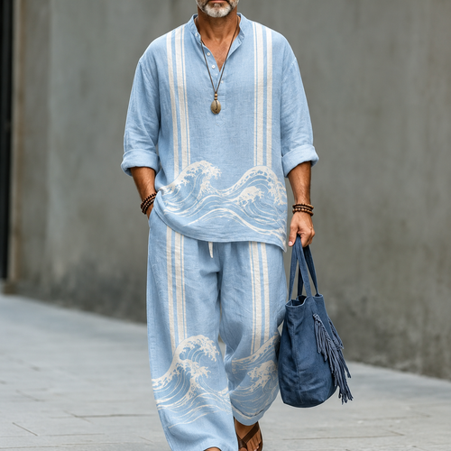 Men's Sky Blue Wave Print Linen Top and Wide Leg Pants Two Piece Set