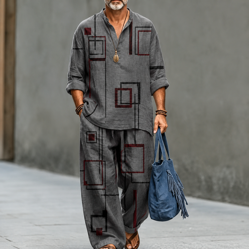 Men's Charcoal Geometric Print Casual Linen Shirt and Pants Set