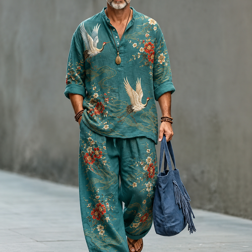 Men's Teal Crane and Floral Print Linen Shirt and Wide Leg Pants Set