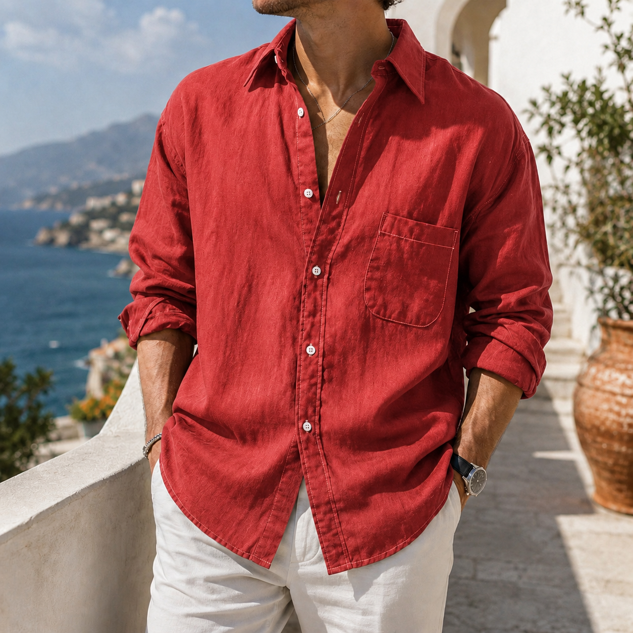 Fashioninprint Daily Cotton-linen Urban Casual Long-sleeve Shirt with Chest Pocket