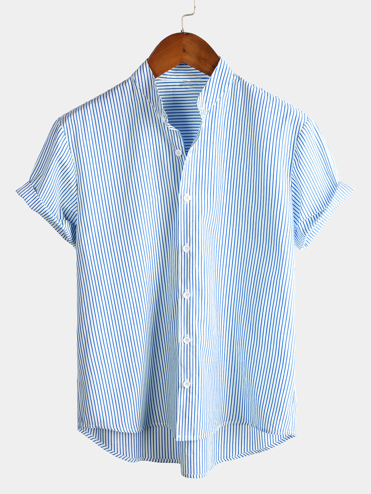 Men's Cotton Henley Breathable Stand Collar Solid Color Short Sleeve Classic Vertical Striped Shirt