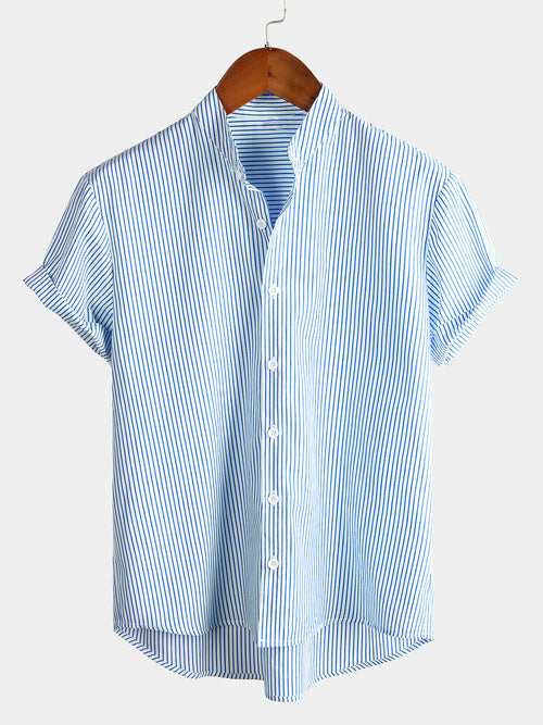 Men's Cotton Henley Breathable Stand Collar Solid Color Short Sleeve Classic Vertical Striped Shirt