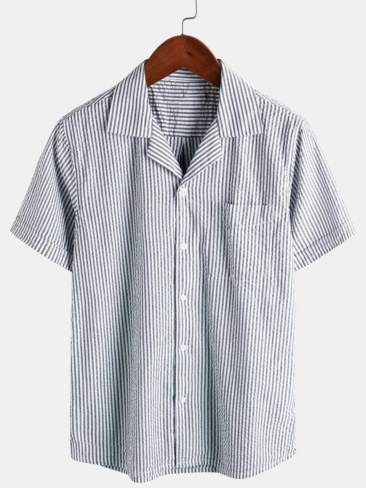 Men's Breathable Striped Cotton Button Up Summer Cuban Collar Camp Short Sleeve Beach Shirt