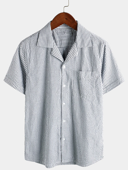 Men's Breathable Striped Cotton Button Up Summer Cuban Collar Camp Short Sleeve Beach Shirt