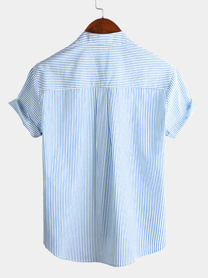 Men's Cotton Striped Stand Collar Short Sleeve Shirt