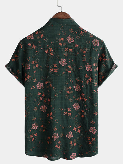 Men's Floral Print Vintage Holiday Green Hawaiian Short Sleeve Shirt