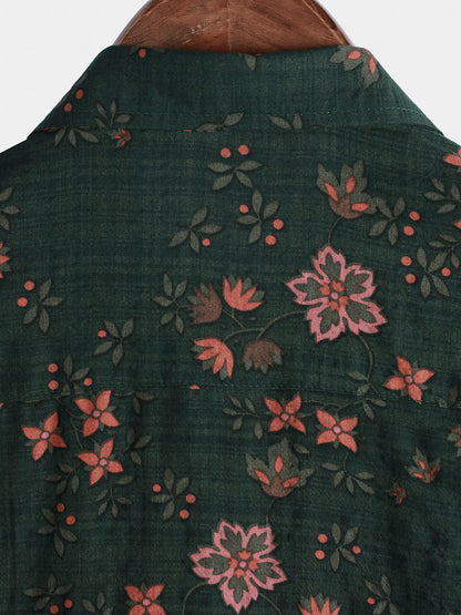 Men's Floral Print Vintage Holiday Green Hawaiian Short Sleeve Shirt