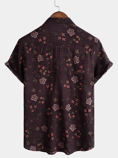 Men's Floral Print Vintage Holiday Brown Hawaiian Short Sleeve Shirt