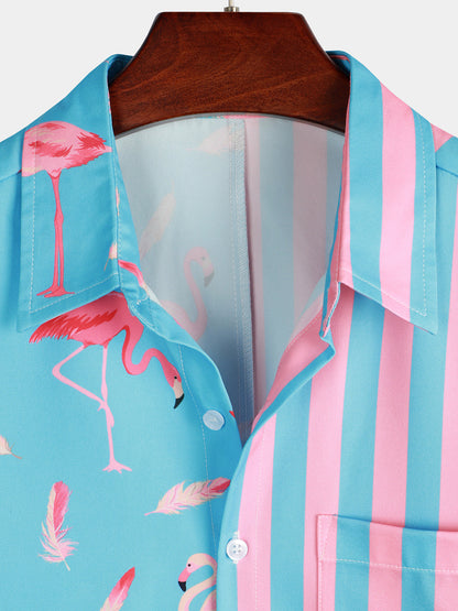 Men's Flamingo & Striped Print Pocket Short Sleeve Shirt