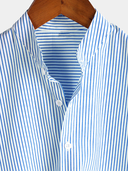 Men's Cotton Henley Breathable Stand Collar Solid Color Short Sleeve Classic Vertical Striped Shirt