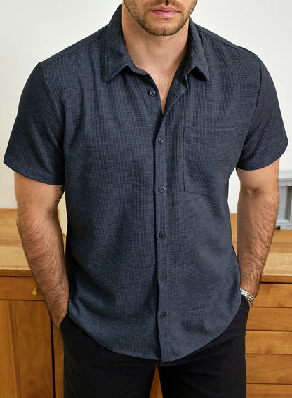 Men's Casual Waffle Short Sleeve Button Up Summer Loose Fit Beach Shirt