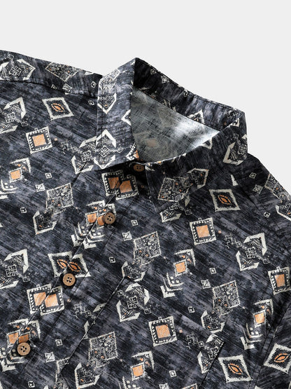 Men’s Breathable Geometric Short Sleeve Button Down Cool Casual Shirt