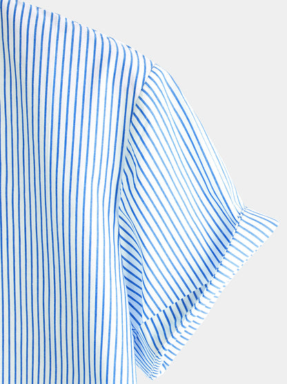 Men's Cotton Henley Breathable Stand Collar Solid Color Short Sleeve Classic Vertical Striped Shirt