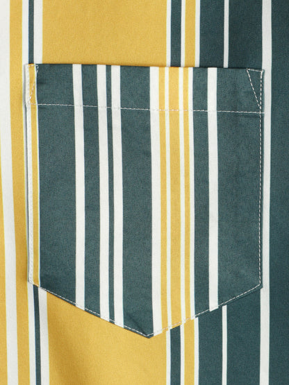 Men's Casual Button Up Retro Yellow And Green Vertical Striped Pocket Short Sleeve Shirt