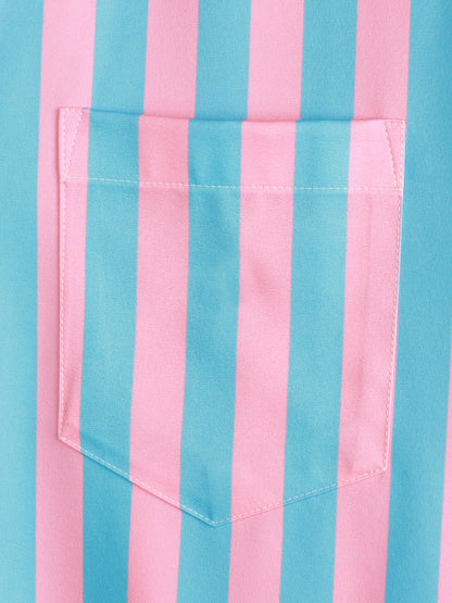 Men's Flamingo & Striped Print Pocket Short Sleeve Shirt