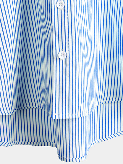 Men's Cotton Henley Breathable Stand Collar Solid Color Short Sleeve Classic Vertical Striped Shirt