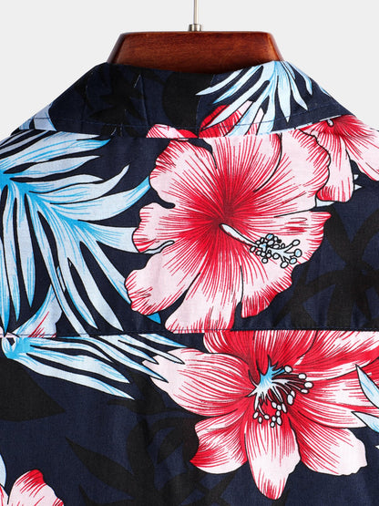 Men's Hawaii Tropical Plant Print Floral Cotton Shirt