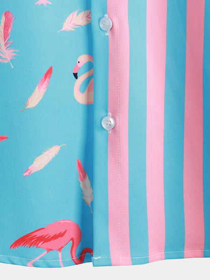 Men's Flamingo & Striped Print Pocket Short Sleeve Shirt