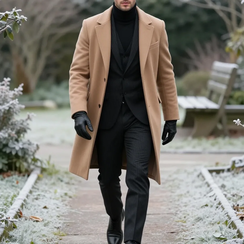 Men's Classic Mid-Length Double-Breasted Wool Blend Coat