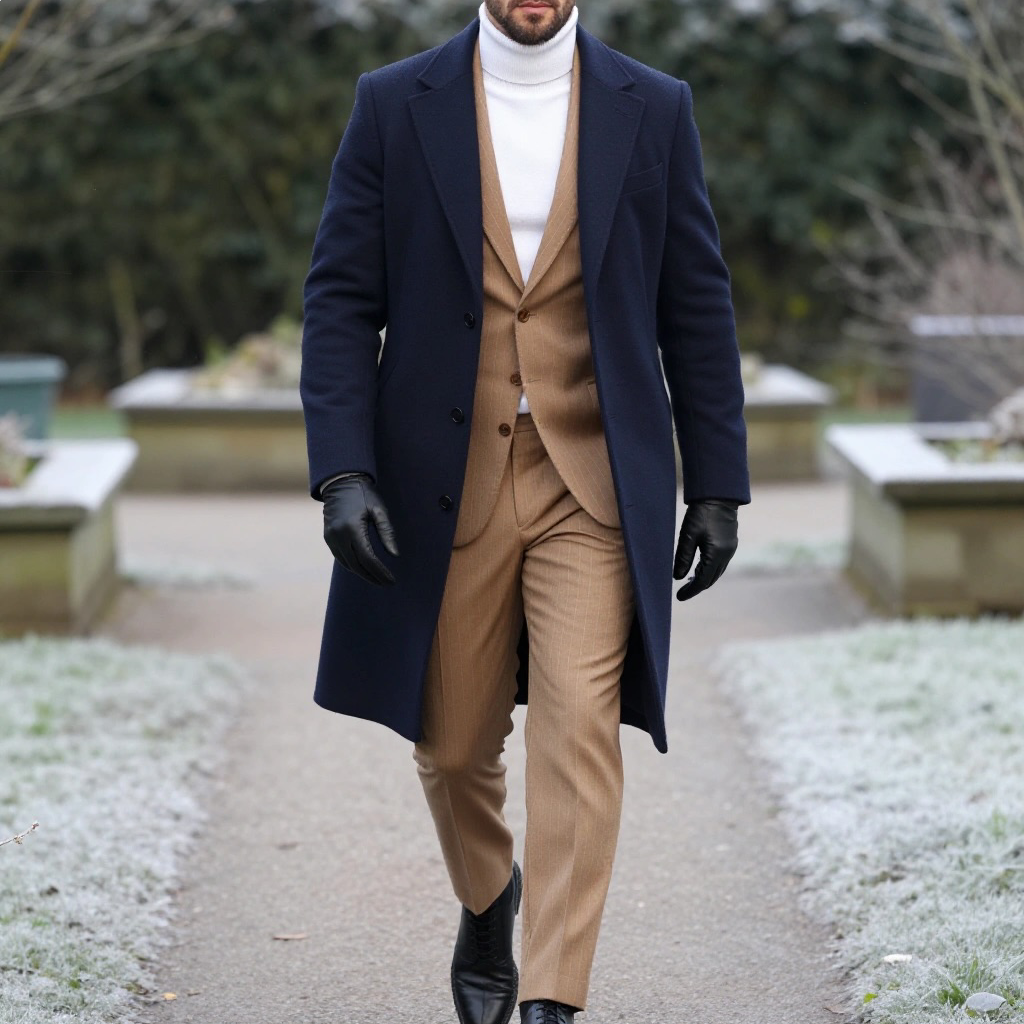 Men's Classic Mid-Length Double-Breasted Wool Blend Coat