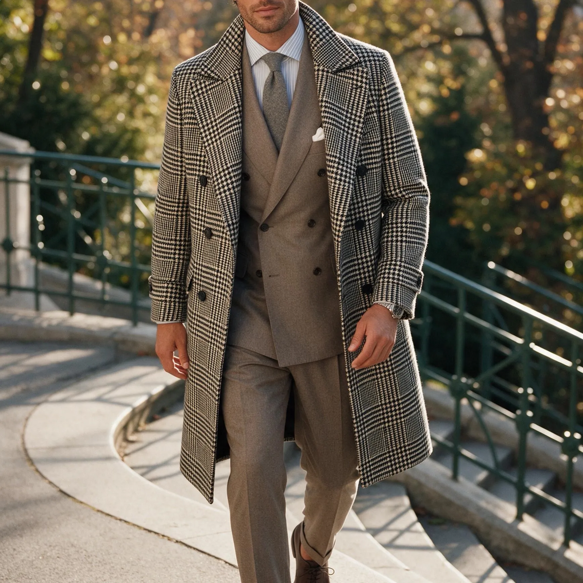 Men's Plaid Mid-Length Double-Breasted Wool Blend Coat