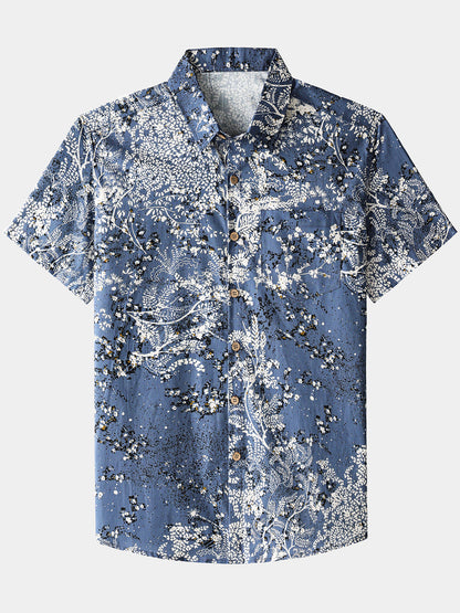 Men’s Artistic Floral Print Short Sleeve Button Up Breathable Cool Casual Shirt