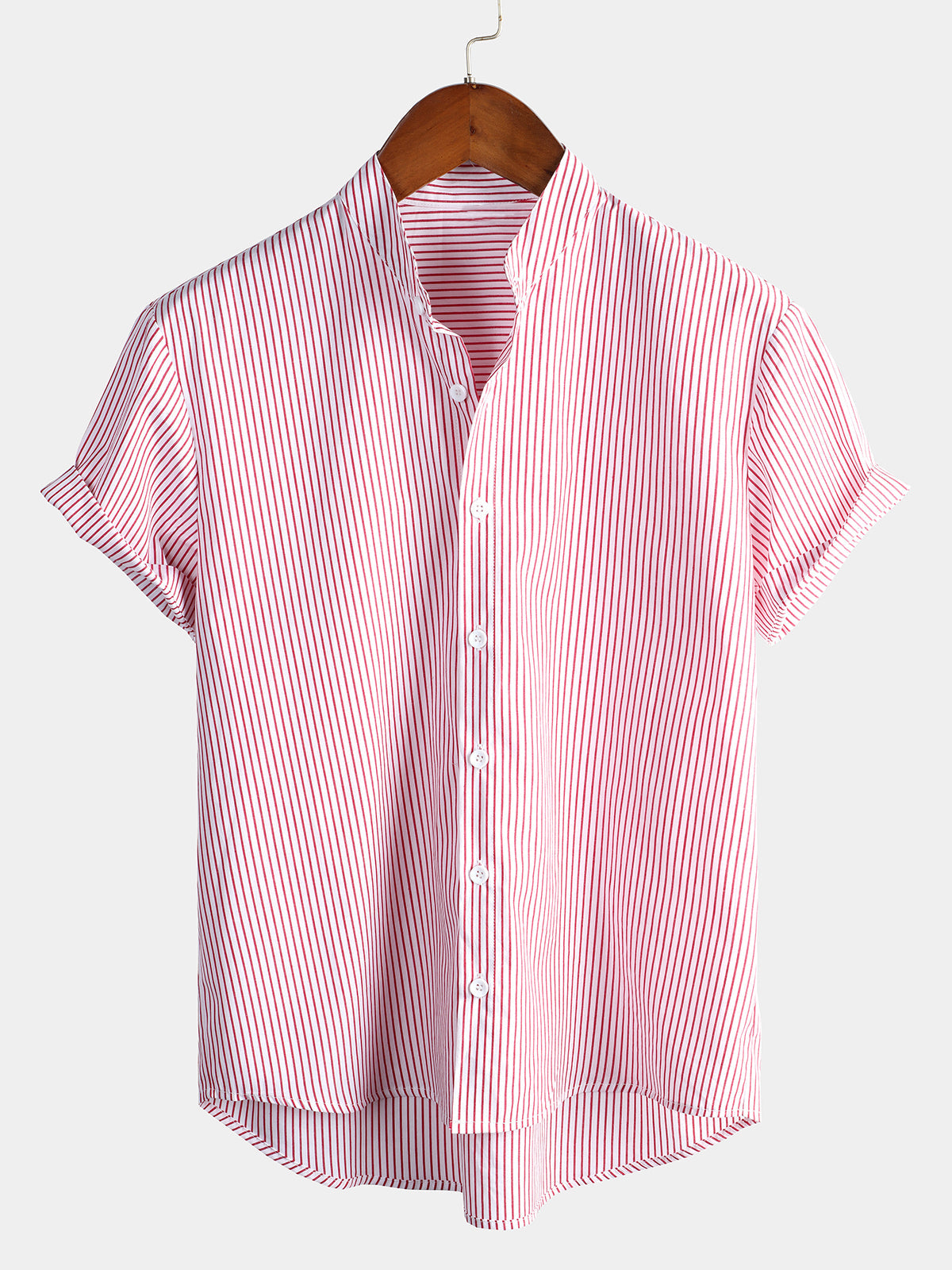 Men's Cotton Striped Stand Collar Short Sleeve Shirt