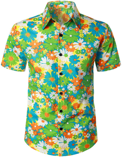 Men's Green Floral Cotton Tropical Button Up Hawaiian Shirt