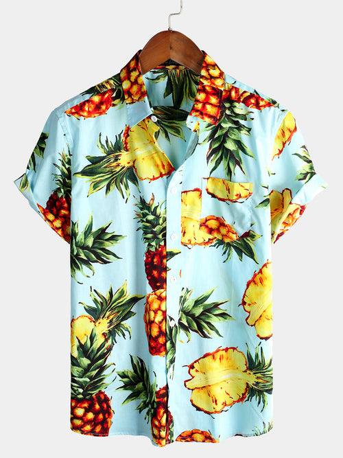 Men's Pineapple Print Holiday Pocket Cotton Shirt