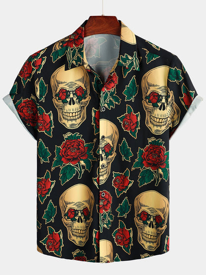Men's Funny Skull Print Hawaiian Short Sleeve Shirt