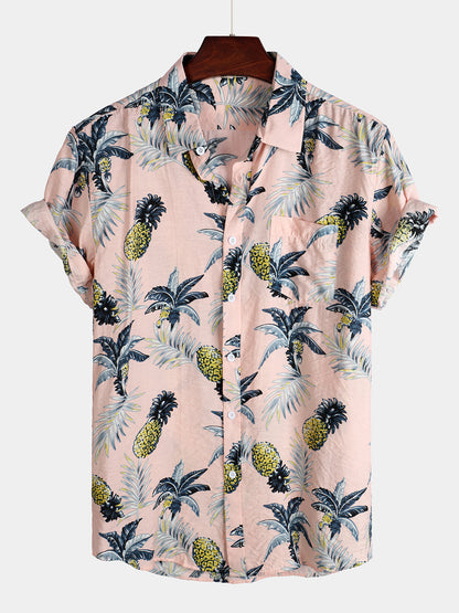 Men's Holiday Pink Pineapple Short Sleeve Pocket Shirt