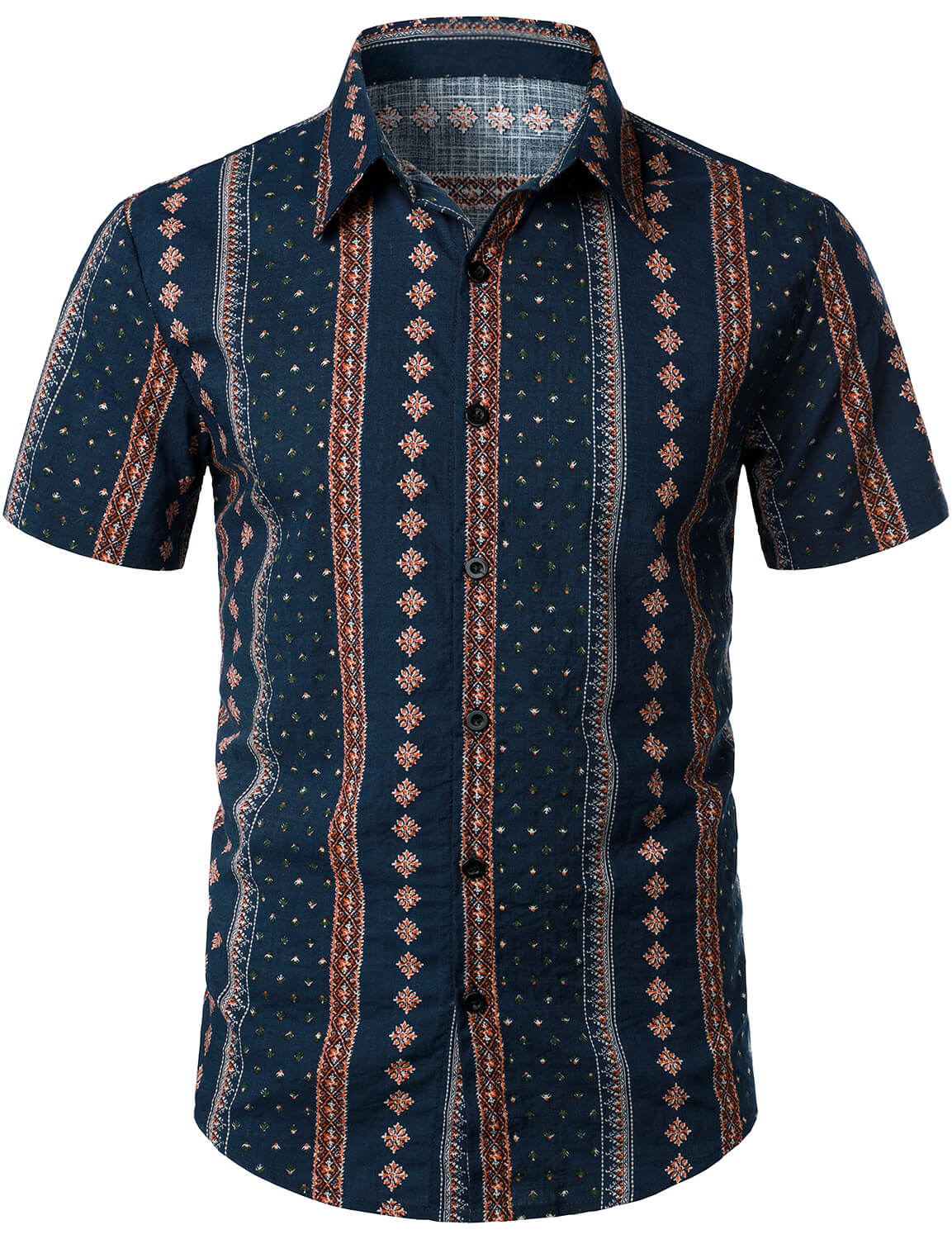 Men's Retro 70s Button Up Vintage Navy Blue Striped Beach Summer Short Sleeve Cotton Shirt