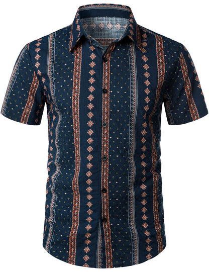 Men's Retro 70s Button Up Vintage Navy Blue Striped Beach Summer Short Sleeve Cotton Shirt