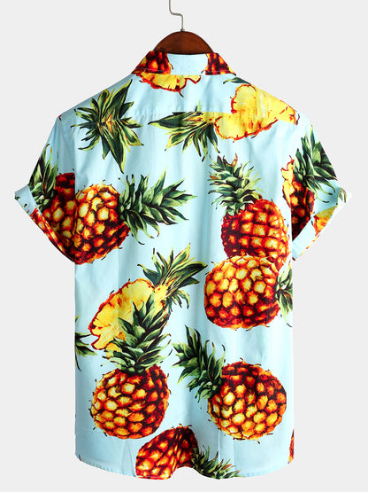 Men's Pineapple Print Holiday Pocket Cotton Shirt