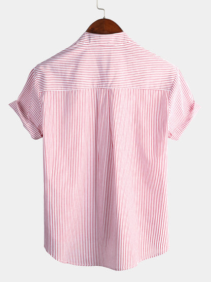 Men's Cotton Striped Stand Collar Short Sleeve Shirt