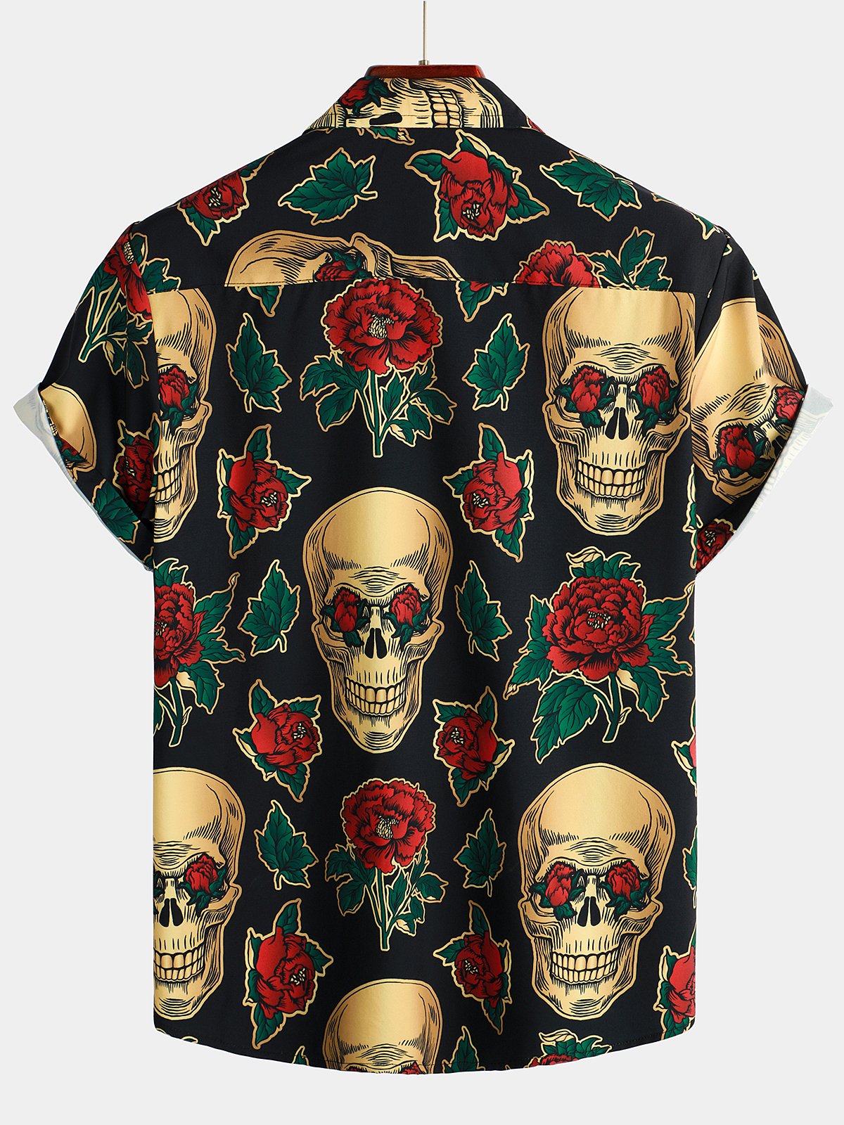 Men's Gold Skull Rose Print Short Sleeve Shirt