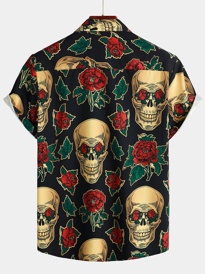 Men's Gold Skull Rose Print Short Sleeve Shirt