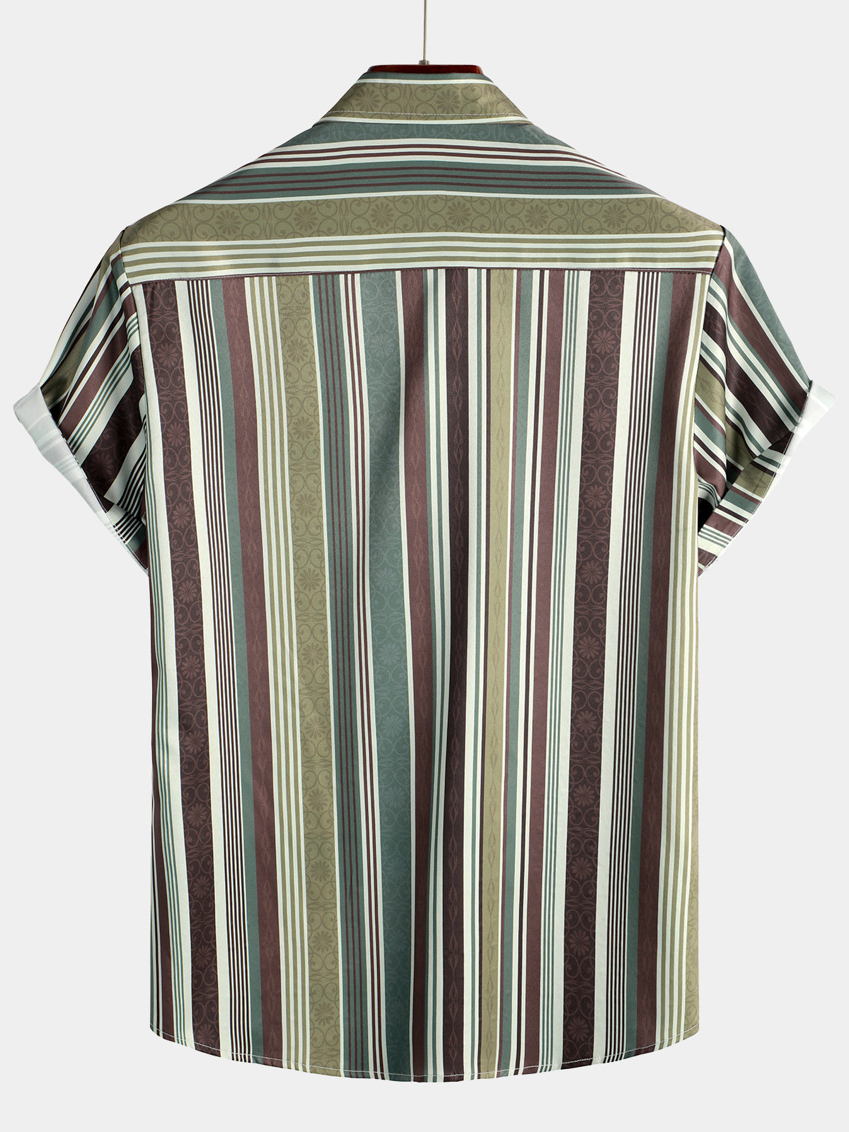 Men's Vintage Green And Brown Vertical Striped Button Up Pocket Short Sleeve Shirt