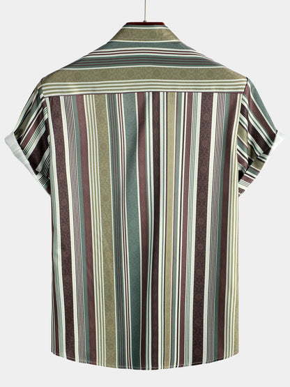 Men's Vintage Green And Brown Vertical Striped Button Up Pocket Short Sleeve Shirt