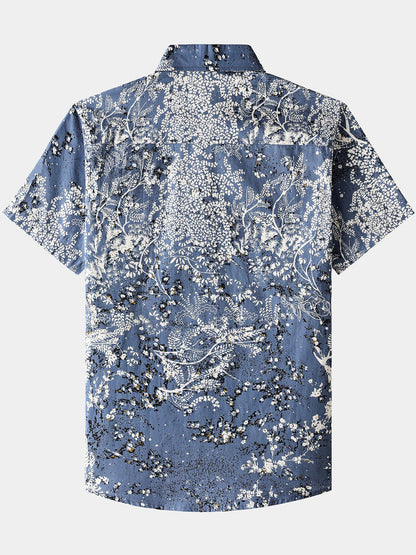 Men’s Artistic Floral Print Short Sleeve Button Up Breathable Cool Casual Shirt