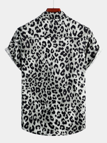 Men's Cotton Casual White Leopard Animal Print Cheetah Rock Button Up Short Sleeve Shirt