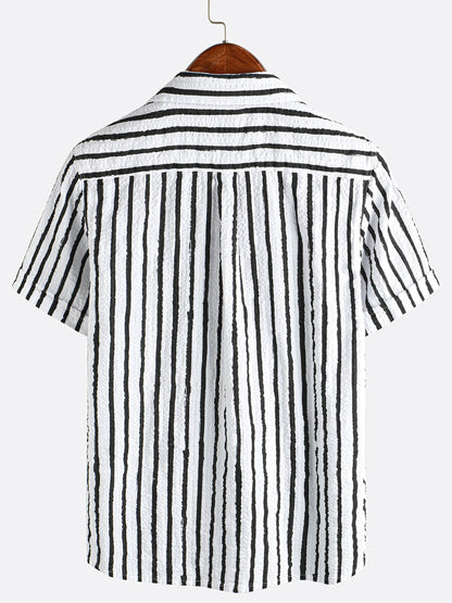 Men's Casual 100% Cotton Striped Pocket Hawaiian Holiday Button Up Short Sleeve Shirt