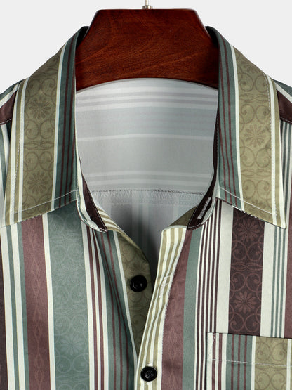 Men's Vintage Green And Brown Vertical Striped Button Up Pocket Short Sleeve Shirt